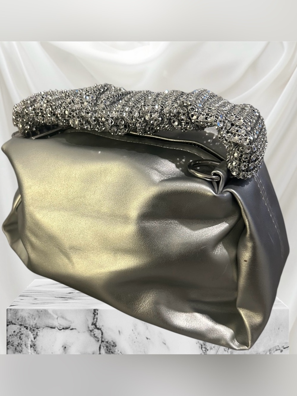 Crystal-Embellished Metallic Evening Clutch in Silver